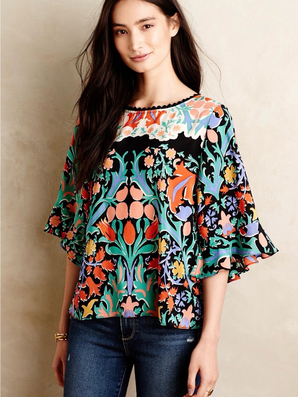 Anthropologie Maeve Folkart Floral Multicolor Ruffle Sleeve Women's Top